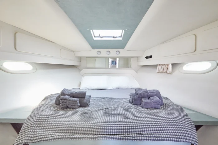 Master cabin with double bed and skylight on Sunseeker Travado 40 Barracuda