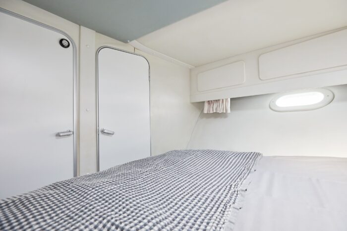Private sleeping cabin with double bed on Sunseeker Travado 40 Barracuda motorboat