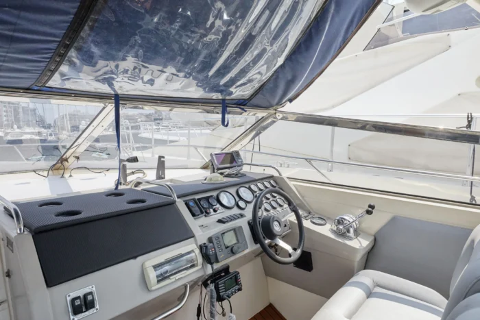 Helm station with navigation instruments on Sunseeker Travado 40 Barracuda yacht