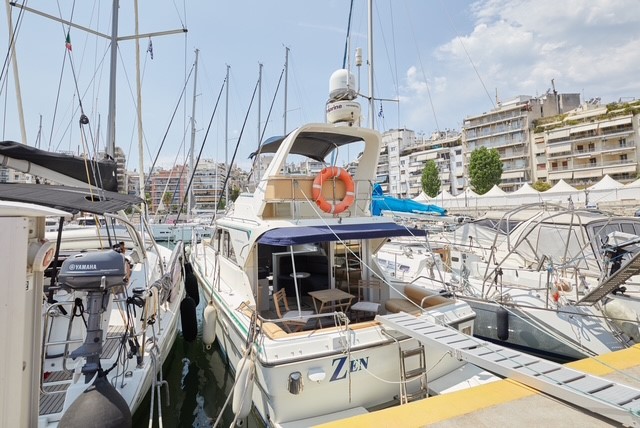 Fairline Corniche 31 Zen motorboat docked at marina in Greece